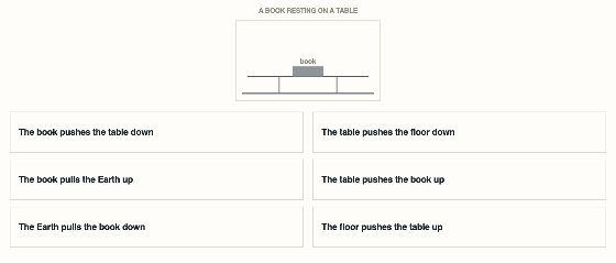 Topic 2.3, Newton’s Third Law. Six forces, three interactions. Click one card, then click the card you think is its partner.